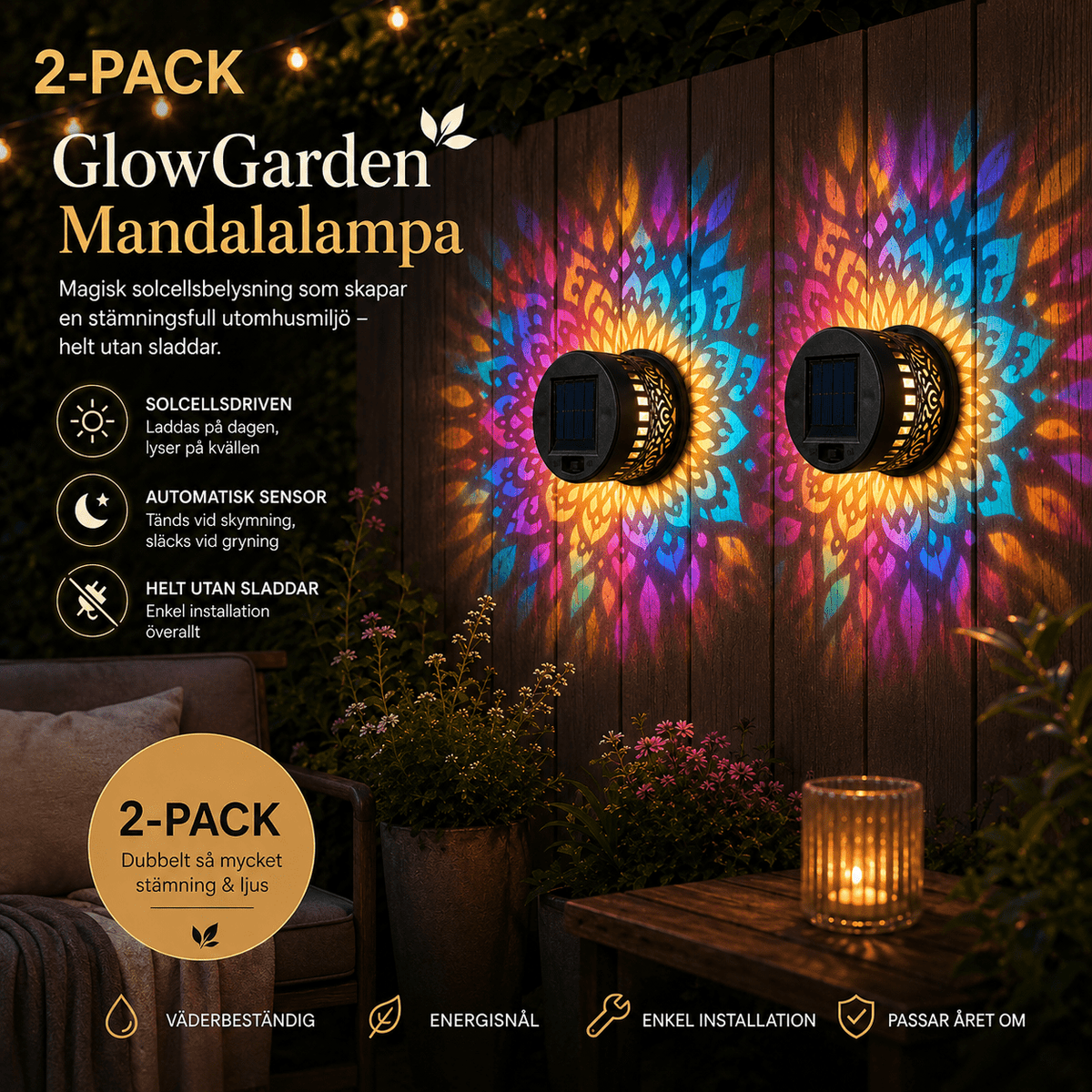 GlowGarden Mandalalampa Solcellsbelysning för Trädgård och Uteplats