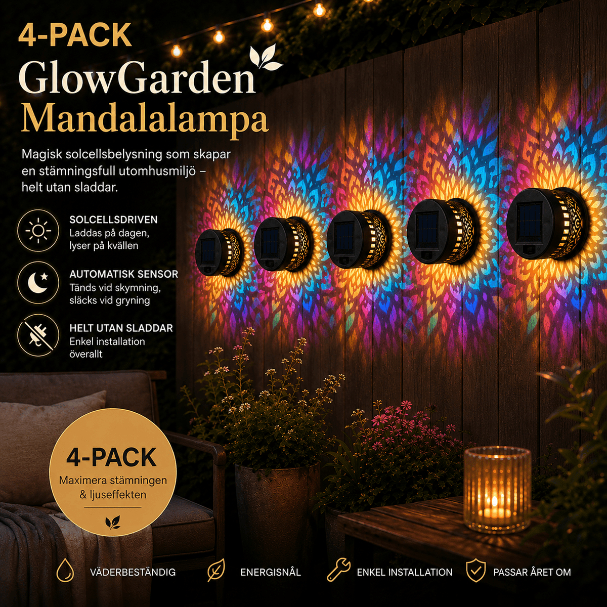 GlowGarden Mandalalampa Solcellsbelysning för Trädgård och Uteplats