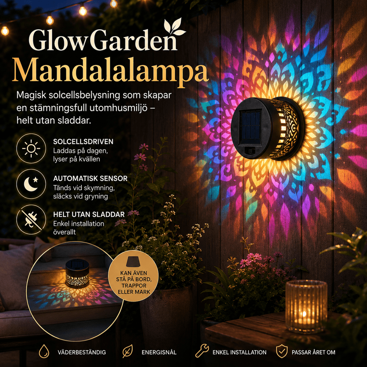 GlowGarden Mandalalampa Solcellsbelysning för Trädgård och Uteplats