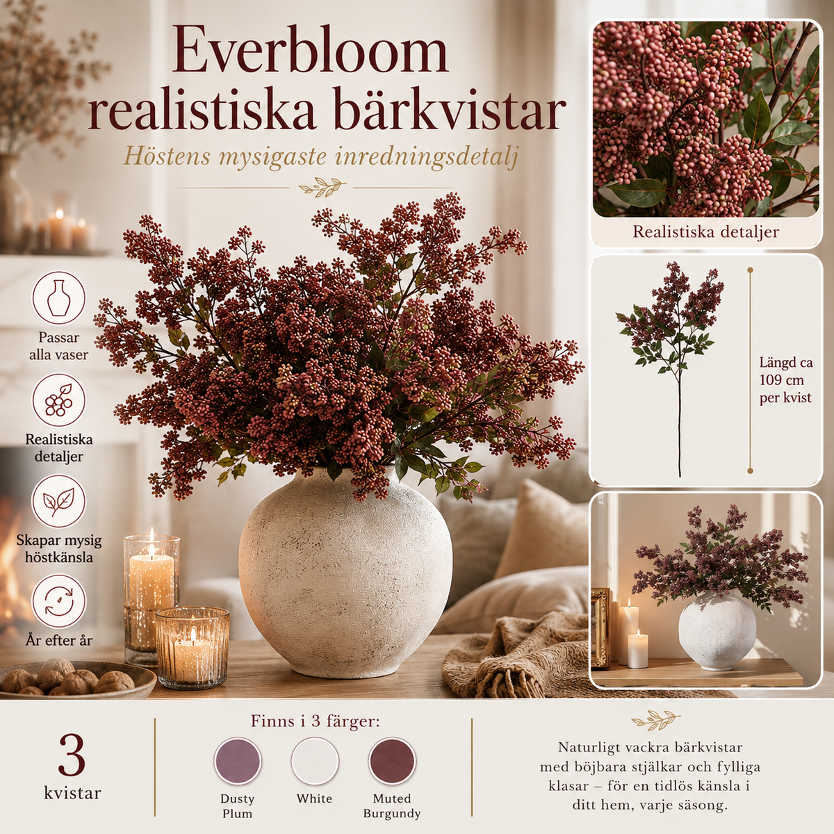 Everbloom Realistiska Bärkvistar 3-pack för Hem och Inredning