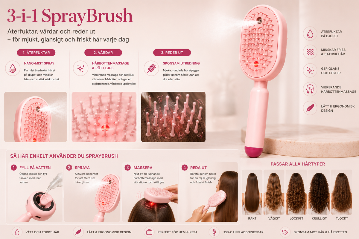 SprayBrush Elektrisk Sprayborste med Nano-Mist för Mjukare och Glansigare Hår