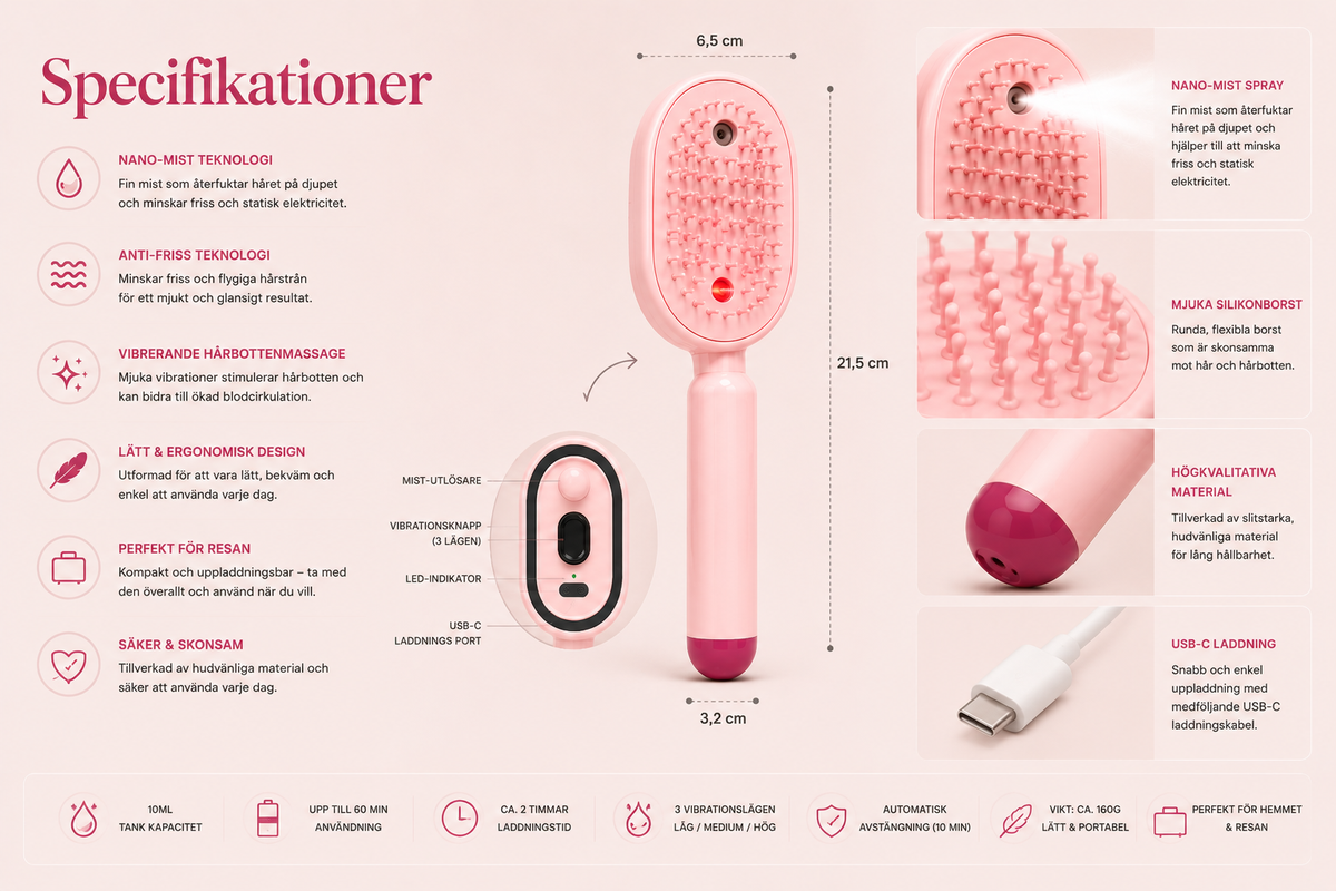 SprayBrush Elektrisk Sprayborste med Nano-Mist för Mjukare och Glansigare Hår
