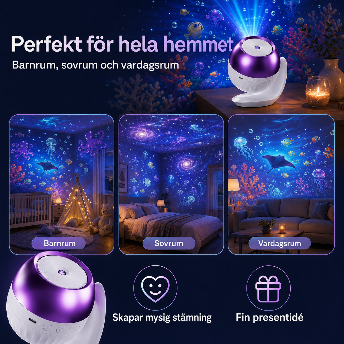 OceanDream Havsprojektor med Roterande LED-Ljus för Hem och Avkoppling