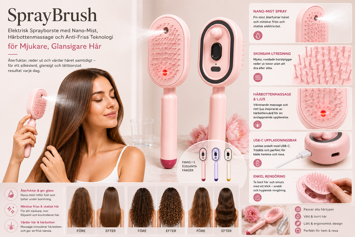 SprayBrush Elektrisk Sprayborste med Nano-Mist för Mjukare och Glansigare Hår