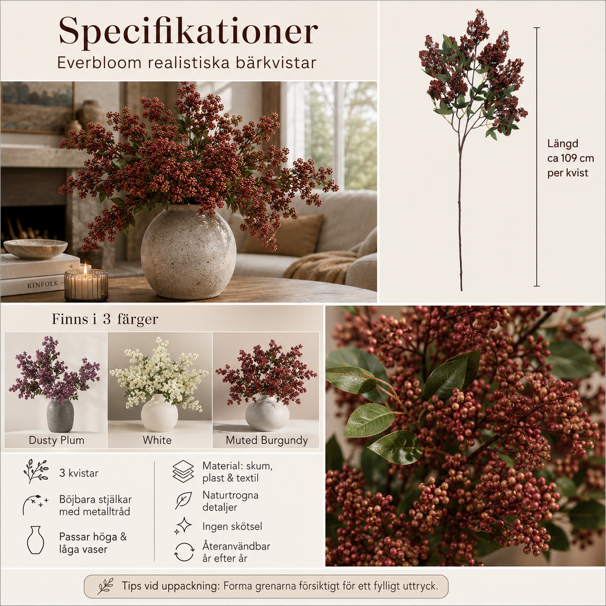 Everbloom Realistiska Bärkvistar 3-pack för Hem och Inredning
